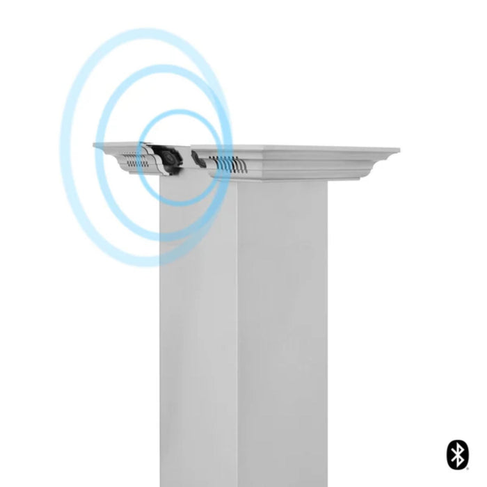 ZLINE GL1iCRN-BT 30" and 36" CrownSound™ Island Mount Range Hood with Built-in Bluetooth Speakers.