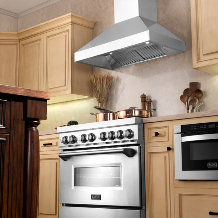 ZLINE 30", 36", 42", 48", and 60" Professional Convertible Vent Wall Mount Range Hoods with Crown Molding in Stainless Steel